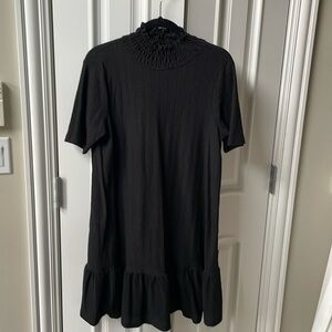 Zara black short sleeve mock neck mini dress with ruffle hem, size medium